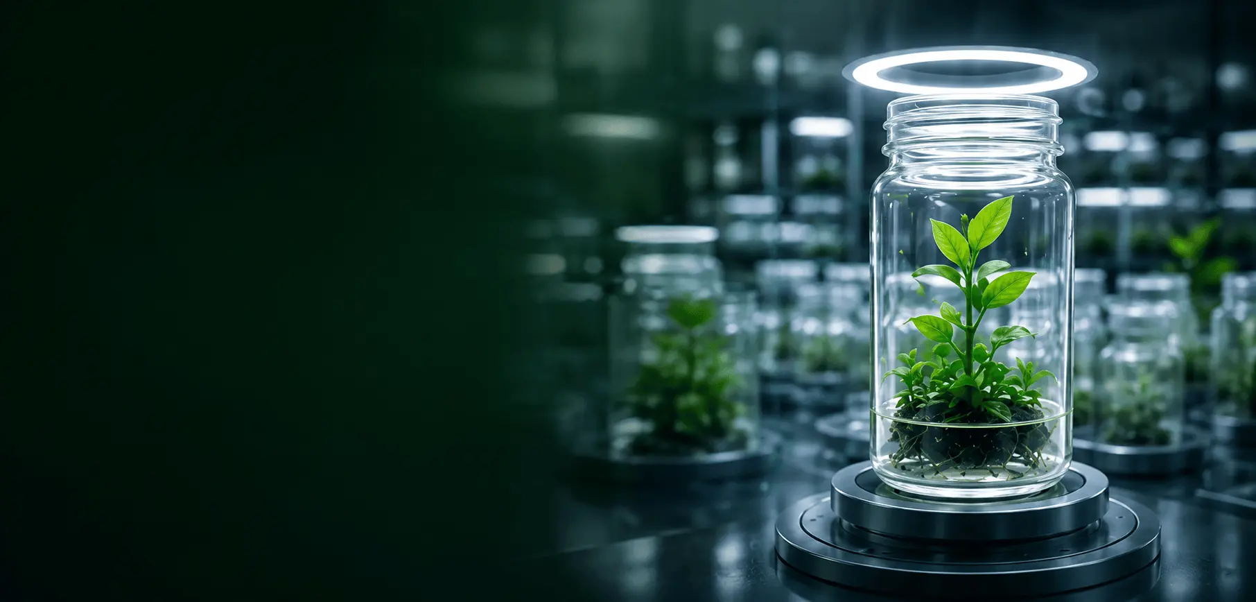 Tissue culture plantlet growing inside a glowing lab jar
