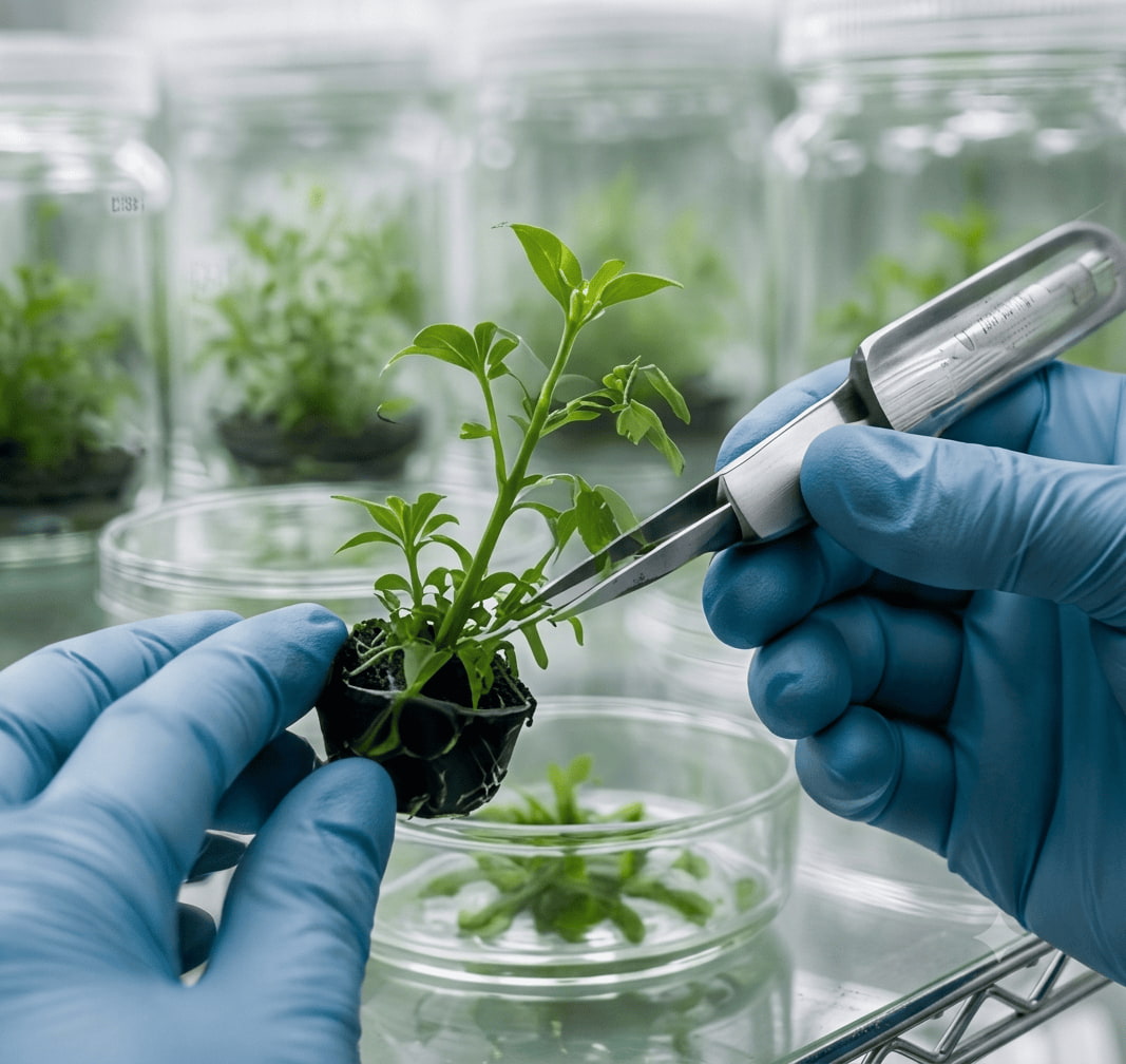Scientist working with plantlets in the laboratory